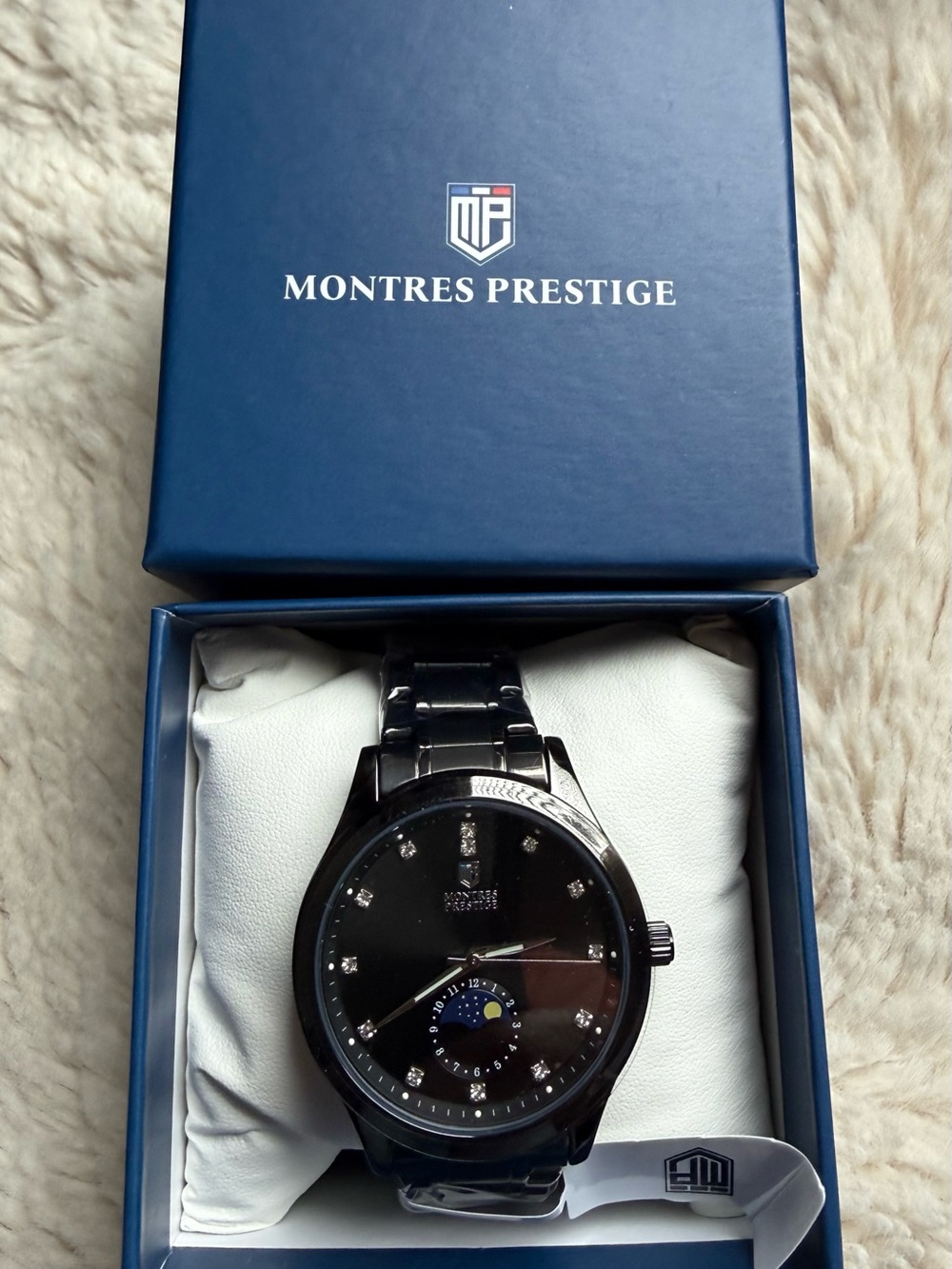 Montres Prestige NIB Men’s Black Stainless Steel Watch with Moonphase